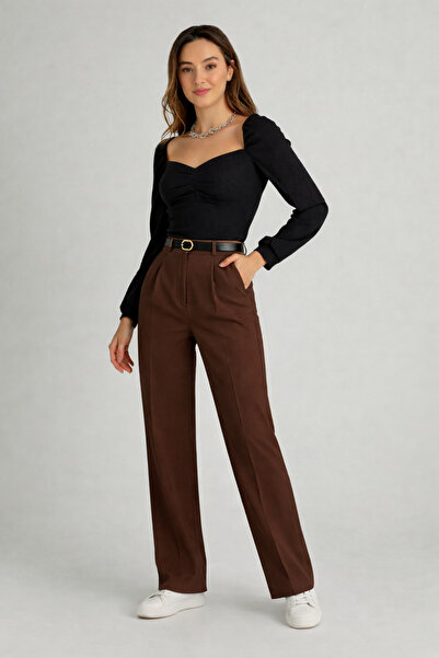 BEGBOR COLLECTİONS Belt Buttoned High Waist Palazzo Fabric Trousers – Bo Wide...