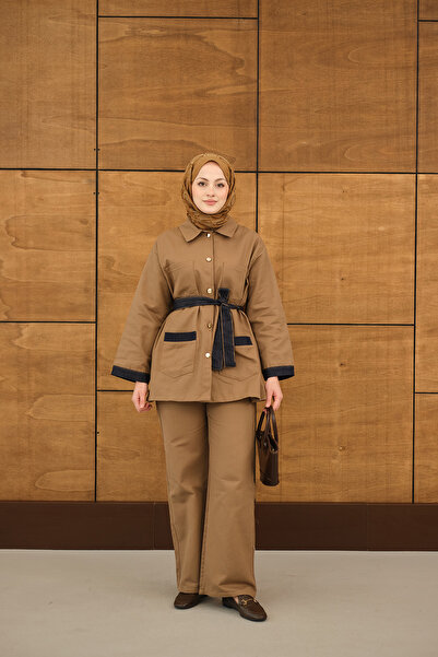 LOCCO Women's Double Pocketed Gold Button Detail Waist Tie-Detail Set Mink