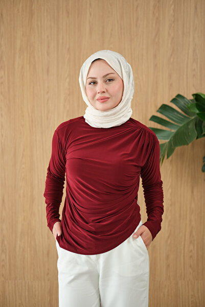 LOCCO Bluză cu mânecă lungă și detaliu cu șnur, roșu claret