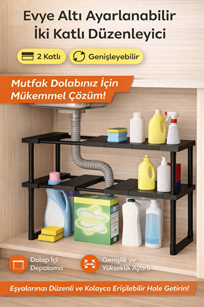 DİVAYS Ayarlanabilir Evye Altı Düzenleyici Raf 2 Katlı Genişleyebilir Dolap İ...