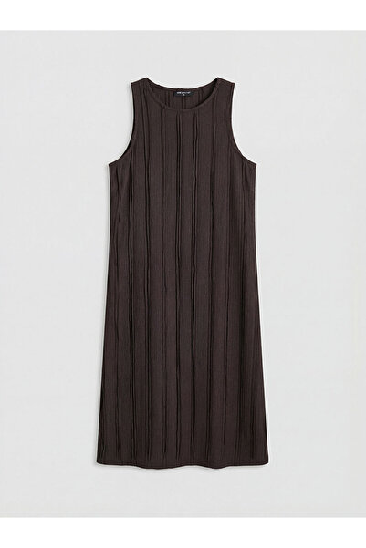 LC Waikiki Lcw Comfort Brown Crew Neck Textured A-Line Dress