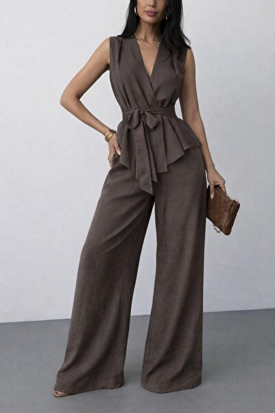 evora studio Ayrobin Keten Kuşaklı Yelek Pantolon Takım Yazlık Rahat Takım