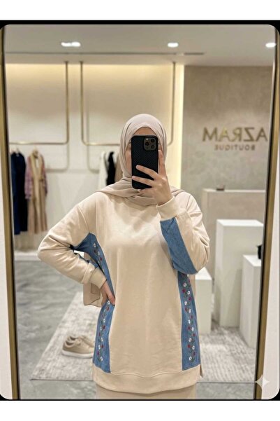 Azram Fashion kadın çiçek nakışlı kot detaylı tesettür tunik