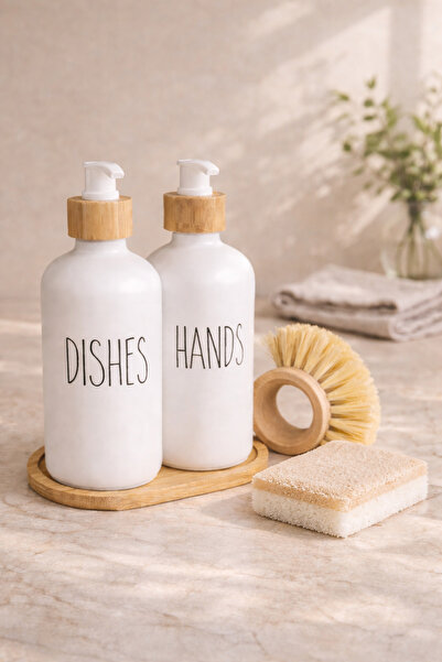 Mottogo Bamboo Brushed Kitchen Soap Dispenser Set |   Dishwashing Liquid and ...