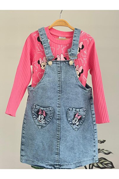 LİLLYPİCCA Girl's Printed Corded Fabric Badi and Embroidered Denim Salopet Set