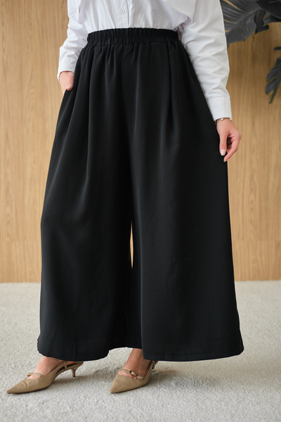 LOCCO Women's Elastic Waist Wide-Leg Fabric Trousers Black