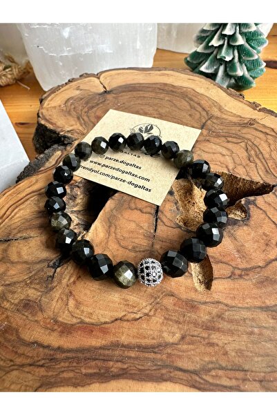 parze doğaltaş Micro Faceted Cut Silver Obsidian Bracelet