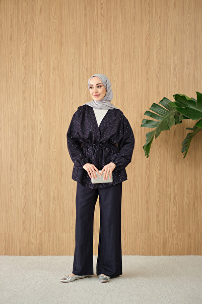 LOCCO Women's Elastic Waist Glittery Kimono Set Navy Blue