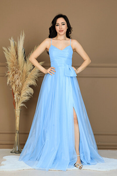 BEYBOS Organza Chiffon Fabric Evening Dress with Rope Detail on the Back - Ba...