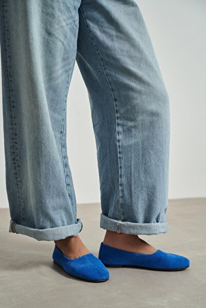 NİŞANTAŞI SHOES Rosel Sax Albastru piele naturală talpă plată Femei balerini