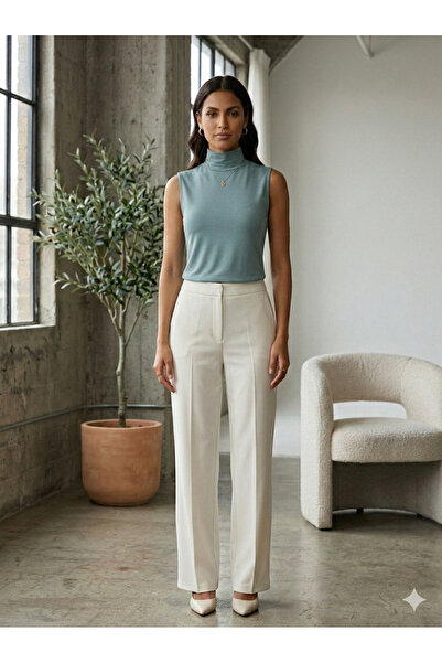 BEGBOR COLLECTİONS Water Green Half Turtleneck Sleeveless Stretch Fabric Knit...