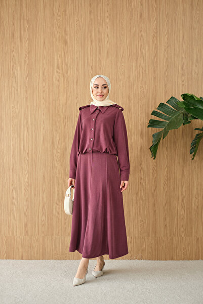 LOCCO Kadın Gömlek Yaka Gümüş Düğme Detay Takım Bordo