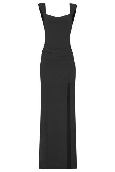 Whenever Company Siyah Geniş Askılı Yırtmaçlı Şık Abiye & Mezuniyet Elbise 2254