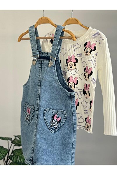 LİLLYPİCCA Girl's Printed Corded Fabric Badi and Embroidered Denim Salopet Set