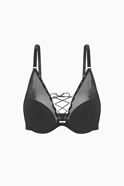 Weweus Lace Bra with Lacing Detail - Without Padding - Fashion - 2579 - Black