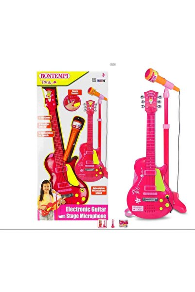 Sunman Bontempi Elektronik Gitar Ayaklı Mikrofon Tuşlu Telli Askılı Pembe 3+
