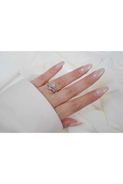 ATELİER TUĞBA Yzk315 Halo Round Single Stone Double Row Silver Adjustable Ring