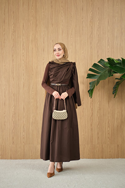 LOCCO Women's Shawl Detailed Belt Piece Poplin Dress Brown