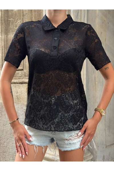 bysoca Γυναικεία μπλούζα με μαύρο γιακά πόλο και κουμπιά μπροστά, κοντομάνικη...