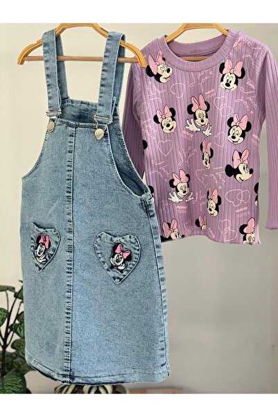 LİLLYPİCCA Girl's Printed Corded Fabric Badi and Embroidered Denim Salopet Set