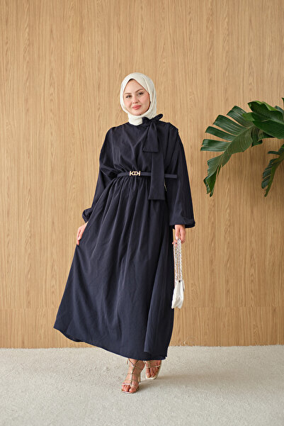 LOCCO Women's Neck Tie-Detail Belt Piece Dress Navy Blue