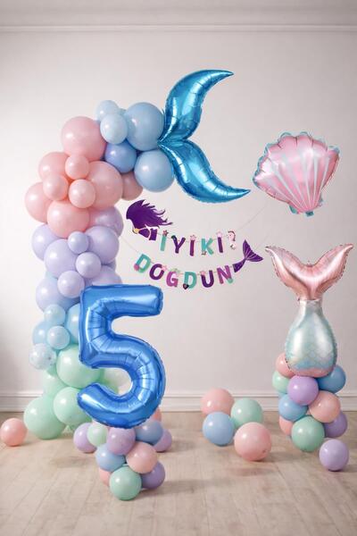 Patladı Gitti Mermaid Themed 5Th Birthday Balloon Decoration Set – Pastel Col...