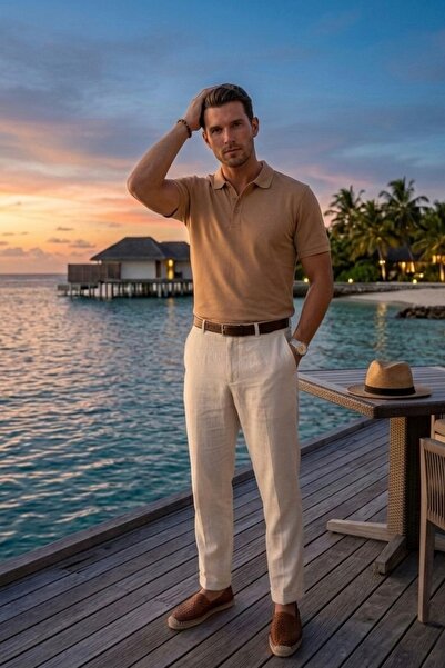 Maccali Men's Trend Summer Basic Camel Polo Neck T-Shirt