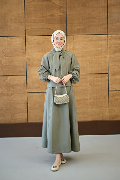 LOCCO Women's Scarf Collar Cupra Skirt Suit Green