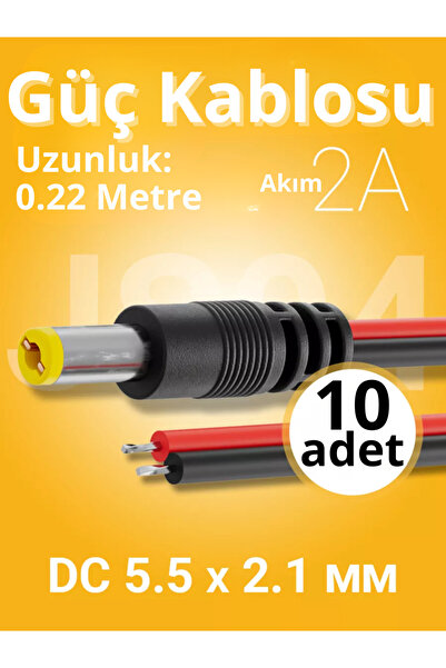 RoboPazar 10-adet DC Güç Kablosu 5.5 × 2.1 mm (Erkek) – 22 cm, 2A