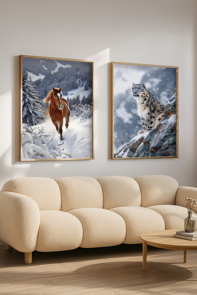 STARYUNA Wooden Framed Snowy Scenery Horse and Snow Leopard Double Painting S...