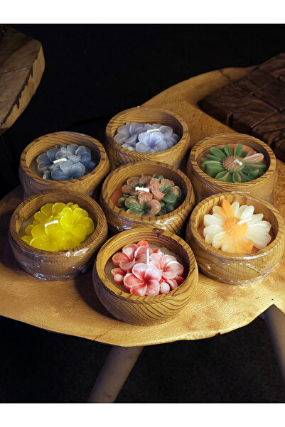 precious Dekoratif Çiçek Mum - Ahşap Kâseli - Çerezlikli Mum - Hediyelik (2'l...