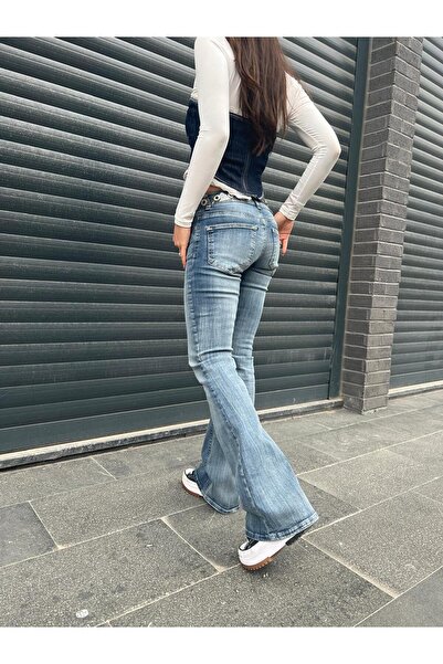 Messy Girls Μπλε τζιν παντελόνι με φαρδιά μπατζάκια και χαμηλή μέση, με εφέ π...