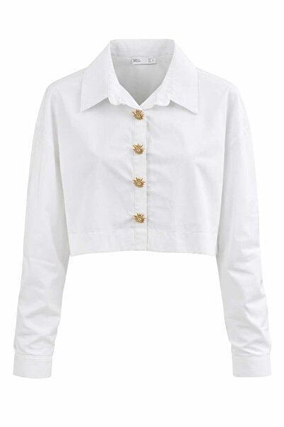 Miss Poem Women's White Gold Sun Button Detailed Cropped Shirt