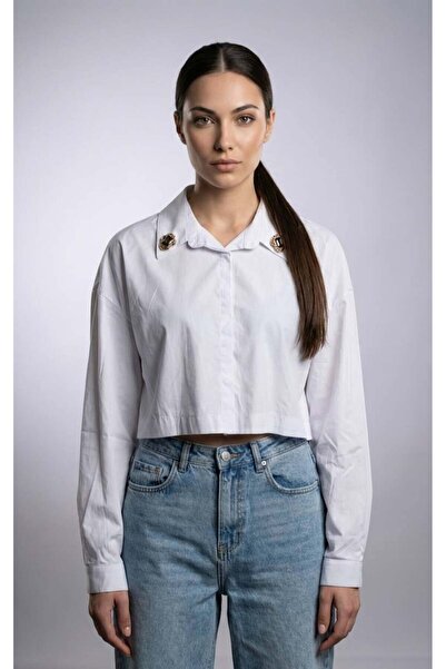 Miss Poem Women's White Collar Accessory Detail Cropped Shirt