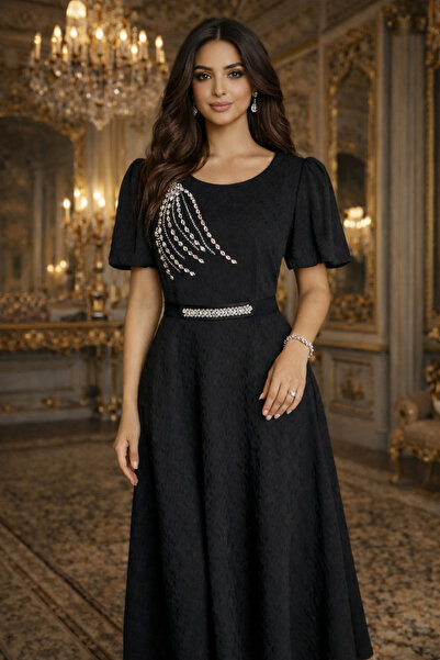 Verona Elegant women's dress with shimmering embroidery and a decorative belt