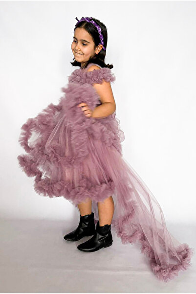 MODA Kız Çocuk Lila Tül Abiye Elbise – Kuyruklu Prenses Elbisesi, Doğum Günü ...