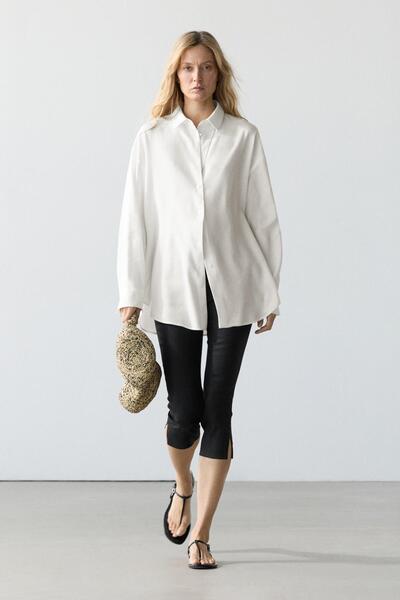 Massimo Dutti Dökümlü keten görünümlü gömlek