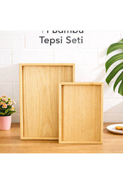 densan aksesuar Ahşap Tepsi 2li Set Çay Kahve Bambu Sunumu Tepsi Seti