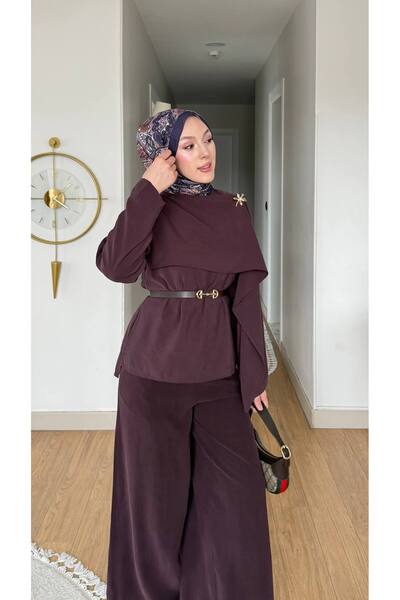 Mogi Butik Hijab detailed Belt piece hijab women's Wide-Leg pants set 3191 - ...