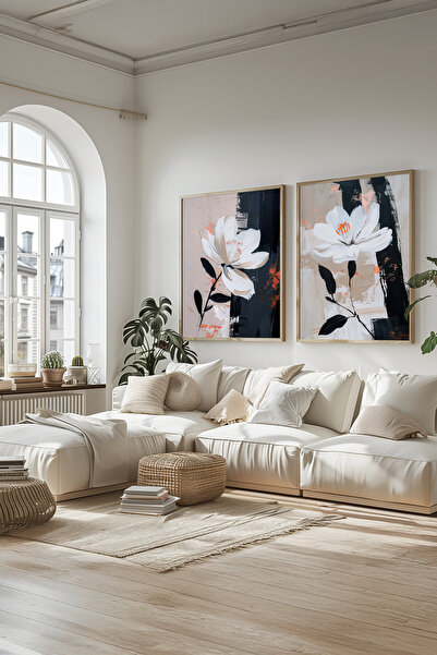 STARYUNA Wooden Framed Abstract White Flower Themed Modern Double Painting Se...