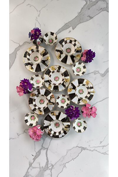 BY.RAYKA PORSELEN El Dekor PİYANO 6 LI ALTIN İŞLEME KAHVE FİNCAN,6 LOKUMLUK V...