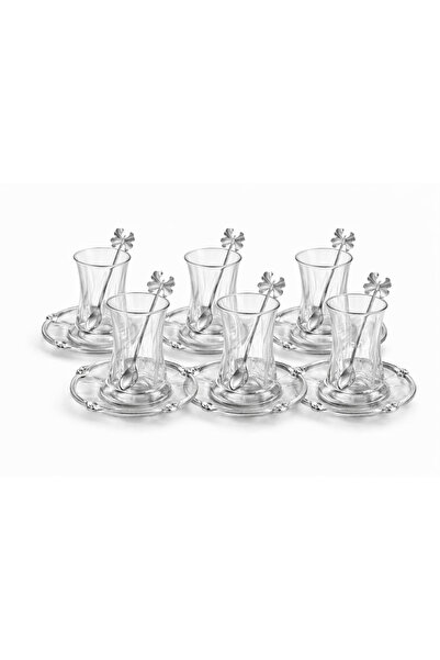 Turkco Luxury 6-Piece Glass Tea Cup Set Rose Series Glass Tea Plate with Cast...