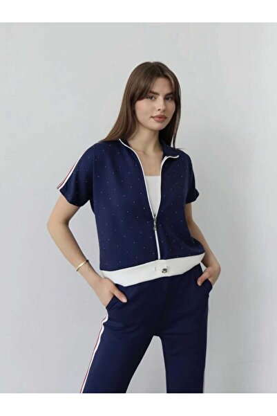 QİMYA BUTİK Şans Li̇fe Women's R Rib Knit Detailed Short Sleeve Stone Detaile...