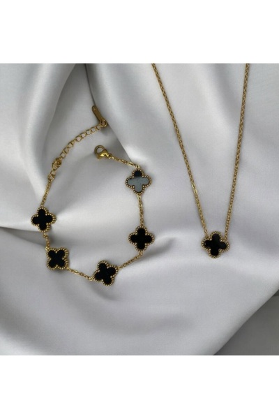 GUNESTAKI Gold Siyah Van Clf Yonca Çelik Kolye Bileklik Set