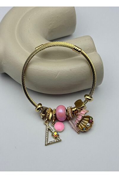 BİJU YILMAZ Steel Gold Stone Triangle Oyster Pink Charm Pndr Bracelet - 26Blk33