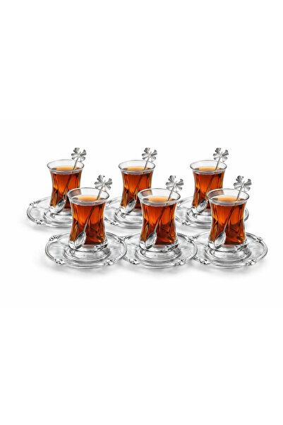 Turkco Luxury 6-Piece Glass Tea Cup Set Rose Series Glass Tea Plate with Cast...