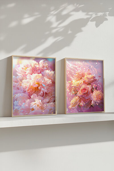 STARYUNA Wooden Framed Pink Flower and Rose Themed Double Painting Set Yuna647
