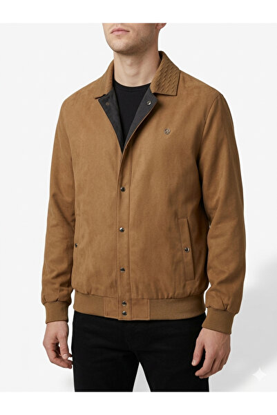 Allegro جاكيت بومبر رجالي من Camel جلد سويدي - موسمي معاطف مزودة بسحابات وأزر...