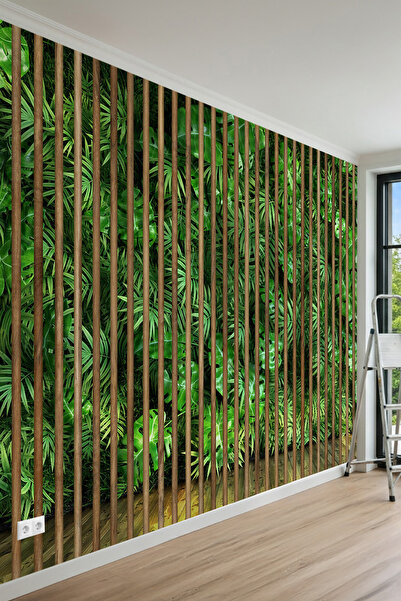 MİRAZAWALL Dikey Ahşap Çıta Görünümlü ve Tropikal Yaprak Desenli Tek Parça Te...