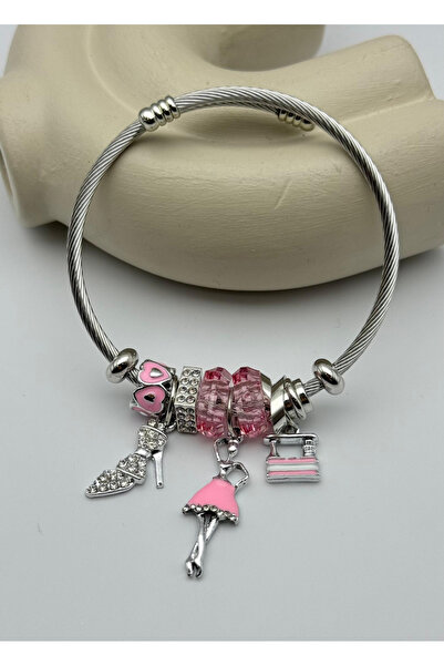 BİJU YILMAZ Steel Silver Stone Heeled Shoes Pink Women's Figured Charm Bracel...